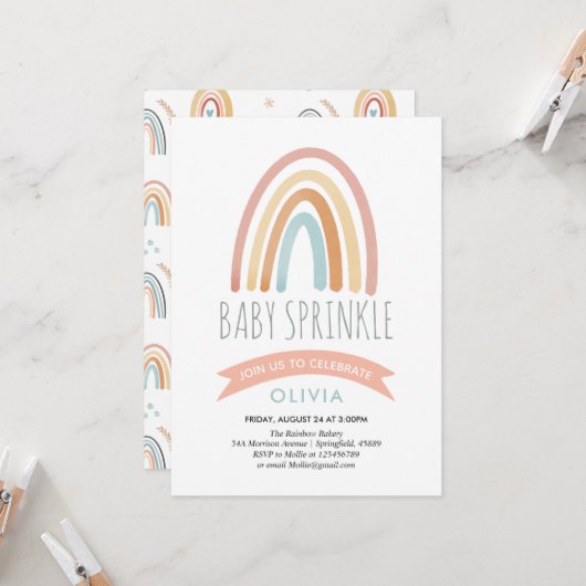 Invitation Filles Jote Boho Arc-en-ciel Bébé Sprinkle (Devant/Arrière en situation)