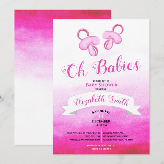 Invitation Filles jumelles baby shower aquarelle (Devant / Derrière)