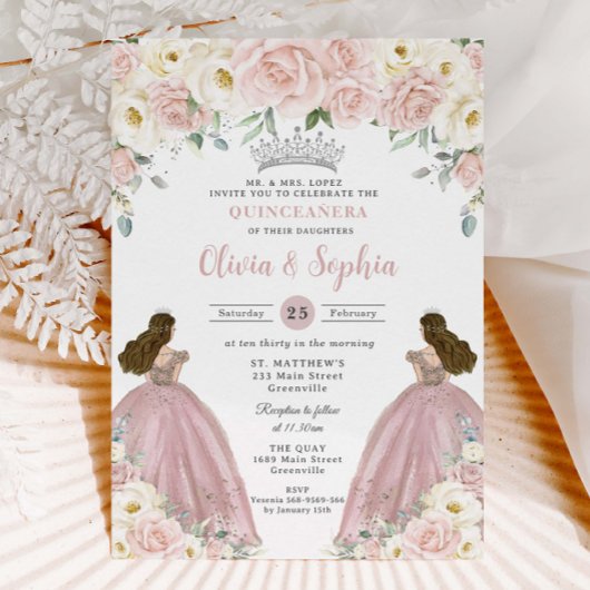 Invitation Filles jumelles blanches rose pâle Quinceañera XV