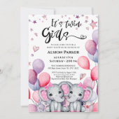 Invitation Filles Jumelles Éléphant Ballons Roses Fête de Nai (Devant)