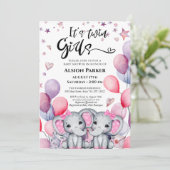 Invitation Filles Jumelles Éléphant Ballons Roses Fête de Nai (Debout devant)