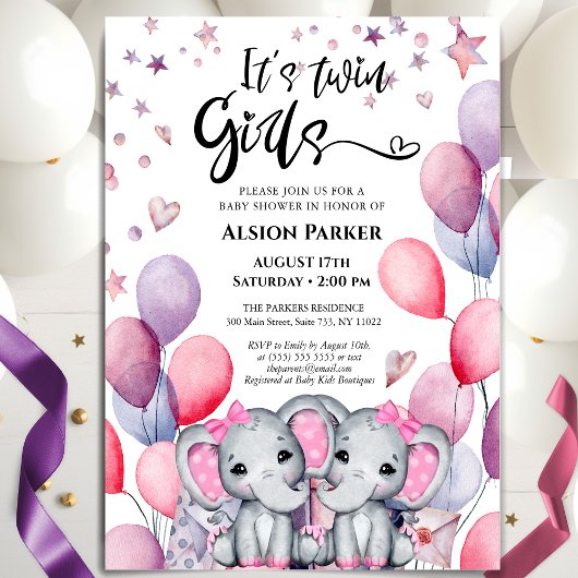 Invitation Filles Jumelles Éléphant Ballons Roses Fête de Nai