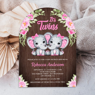 Invitation Filles jumelles éléphant floral rose Bois Baby Sho