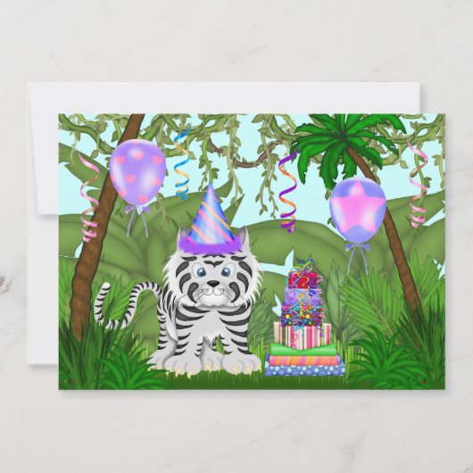 Invitation Filles Jungle White Tiger Anniversaire Fête Invita (Devant)