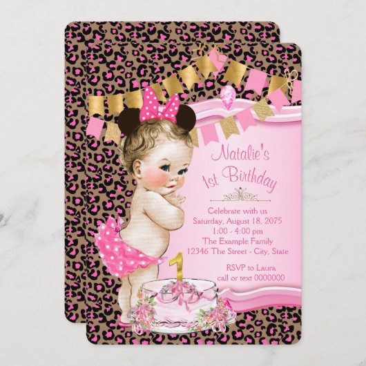 Invitation Filles Leopard 1er anniversaire (Devant / Derrière)