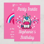 Invitation Filles Licorne Rose Fête (Devant / Derrière)
