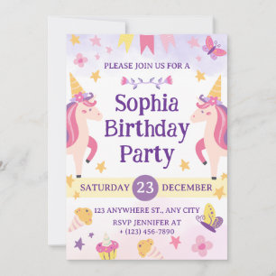 Invitation Filles Licorne Violette Mignonne Anniversaire 1 an