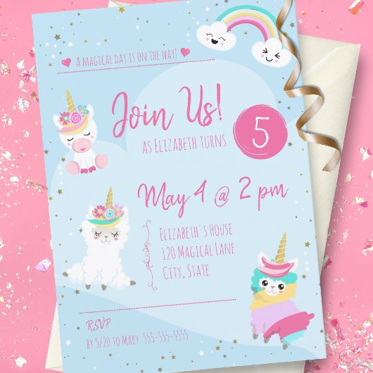 Invitation Filles Llamacorn Unicorn fête d'anniversaire