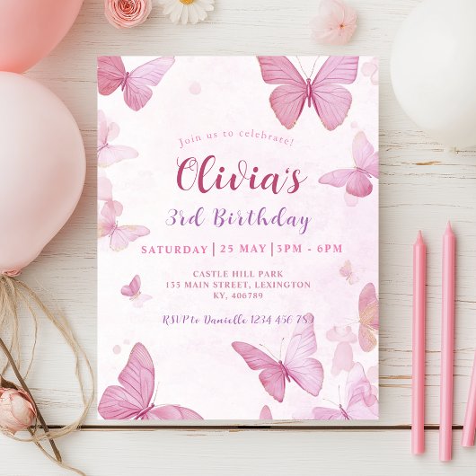 Invitation Filles mignonne papillon rose Anniversaire Invitat