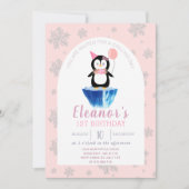 Invitation Filles mignonne Penguin hiver rose Anniversaire (Devant)