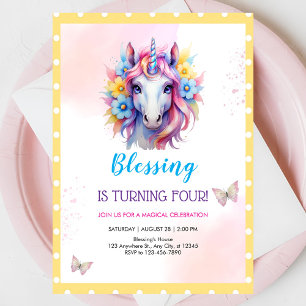 Invitation Filles mignonne rose licorne Enfants 4e anniversai