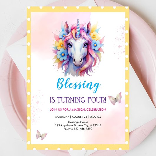 Invitation Filles mignonne rose licorne Enfants 4e anniversai