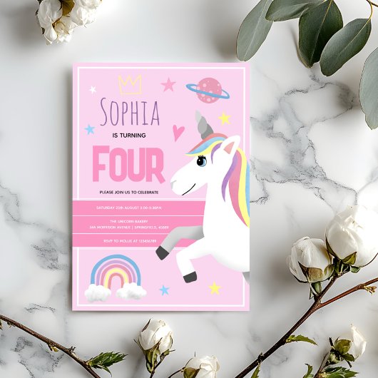 Invitation Filles mignonne rose licorne Enfants 4e anniversai