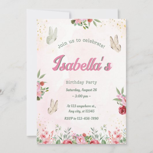 Invitation Filles mignonne rose pourpre Anniversaire de enfan (Devant)