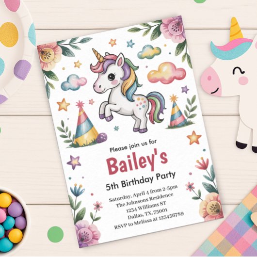 Invitation Filles mignonne Unicorn Anniversaire de enfant