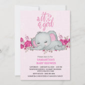 Invitation Filles mignonnes Bébé Eléphant Dormir Floral Rose (Devant)