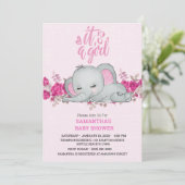 Invitation Filles mignonnes Bébé Eléphant Dormir Floral Rose (Debout devant)