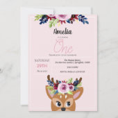 Invitation Filles mignonnes Cerf Rose Floral 1er Fleurs d'ann (Devant)