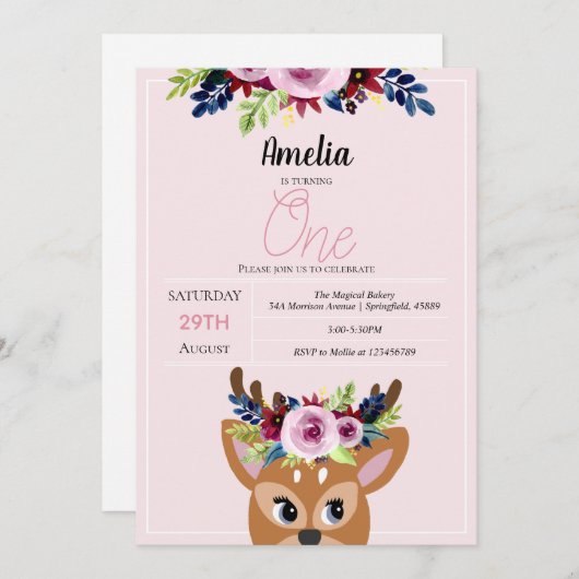 Invitation Filles mignonnes Cerf Rose Floral 1er Fleurs d'ann (Devant / Derrière)