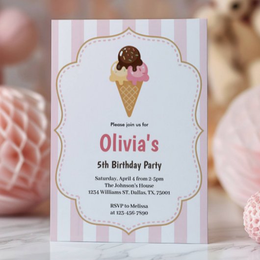 Invitation Filles mignonnes Crème glacée fête d'anniversaire