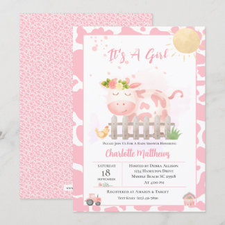 Invitation Filles mignonnes ferme Vache rose Baby shower Invi