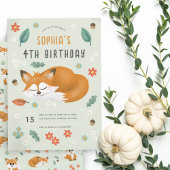 Invitation Filles mignonnes Forêt de bois Fox 4e anniversaire