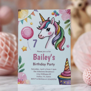 Invitation Filles Mignonnes Licorne Pastel Enfants 7ème Anniv