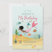 Invitation Filles mignonnes Magique Afro Mermaid 7e anniversa (Devant)