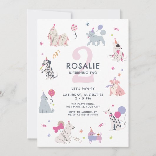 Invitation Filles mignonnes Pastel Chien Let's Pawty Annivers (Devant)