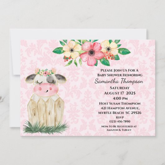Invitation Filles mignonnes Rose Floral Vache Baby shower Inv (Devant)