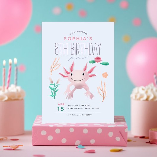Invitation Filles mignonnes rose Kawaii Axolotl 8e anniversai
