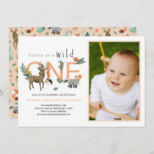 Invitation Filles mignonnes Sauvages Une forêt Animaux 1er an