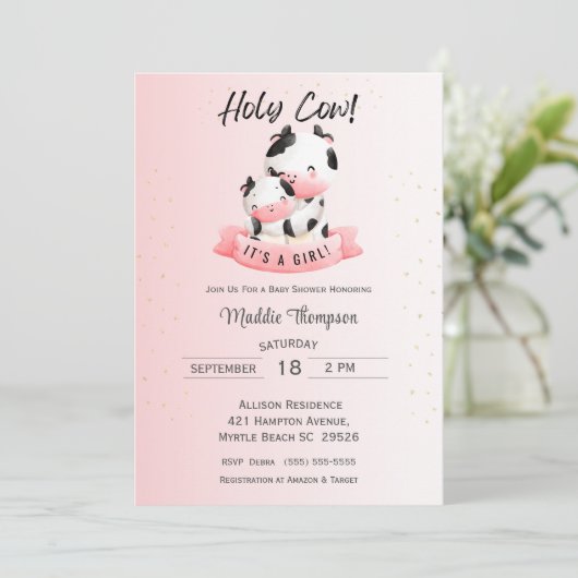 Invitation Filles mignonnes Vache rose Maman et Baby shower (Debout devant)
