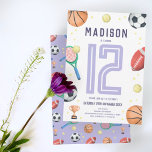 Invitation Filles mignonnes Violet Anniversaire de enfant de<br><div class="desc">Ce design d'invitation anniversaire de enfant, mignon et moderne, sur le thème du sport, présente un dessin animé de sport violet, avec un ballon de basket, de football, de football, de raquette de tennis, un trophée et des étoiles. L'invitation peut être personnalisé avec le nom de vos filles et d'autres...</div>