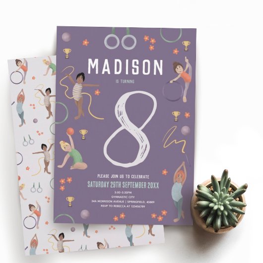 Invitation Filles Moderne Purple Gymnastique Anniversaire de 