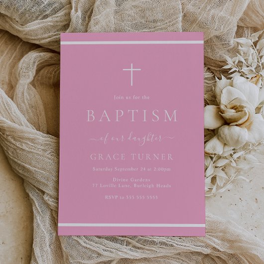 Invitation Filles modernes Baptême rose Bordure blanche