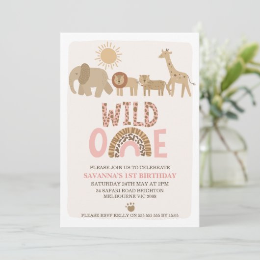 Invitation Filles modernes Safari Wild One 1er anniversaire (Debout devant)