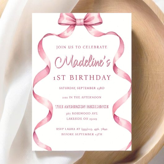 Invitation Filles modifiables Coquette Rose Bow Premier anniv