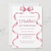 Invitation Filles modifiables Coquette Rose Bow Premier anniv (Devant)