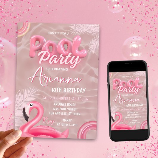 Invitation Filles modifiables Pink Pool Party Anniversaire