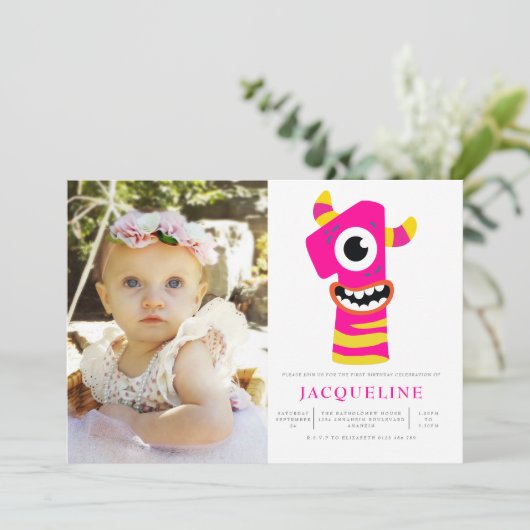 Invitation Filles Monstre Rose 1ère fête d'anniversaire Photo (Debout devant)
