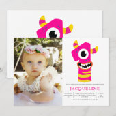 Invitation Filles Monstre Rose 1ère fête d'anniversaire Photo (Devant / Derrière)