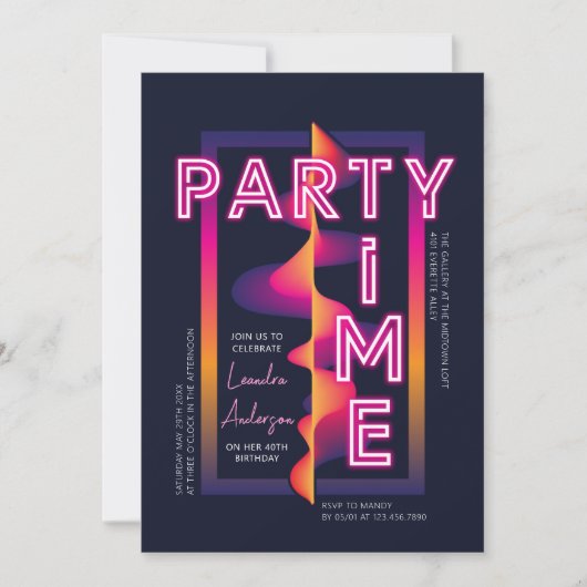 Invitation Filles Neon Fête Heure Anniversaire (Devant)