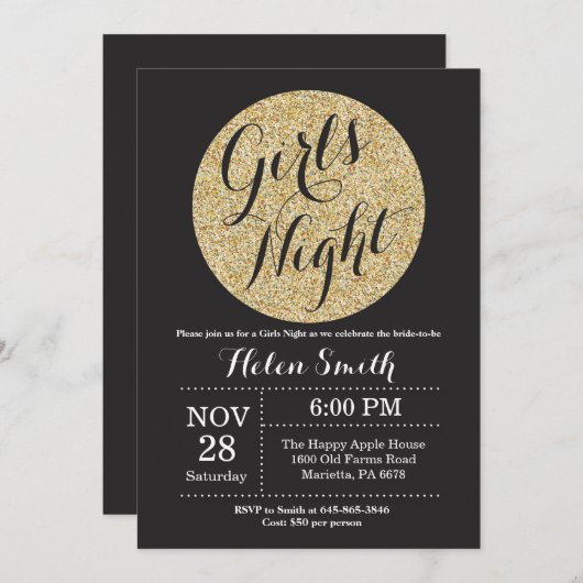 Invitation Filles Night Out Parties scintillant noir et or In (Devant / Derrière)