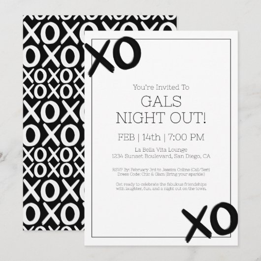 Invitation Filles Night Out XOXO Black White Galentine Party (Devant / Derrière)