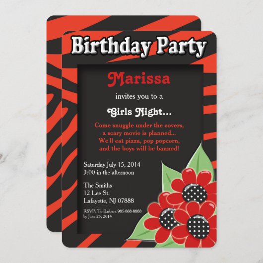 Invitation Filles Nuit Anniversaire (Devant / Derrière)