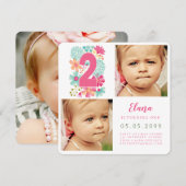 Invitation Filles Numéro 2 2e anniversaire Année Photo (Devant / Derrière)