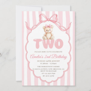 Invitation Filles Ours en Peluche Arc-en-ciel Rayures 2e Anni
