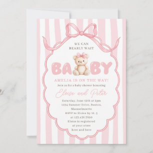 Invitation Filles Ourson Rose Ruban Baby Shower