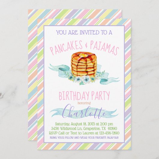 Invitation Filles Pancakes et Pyjama fête d'anniversaire (Devant / Derrière)